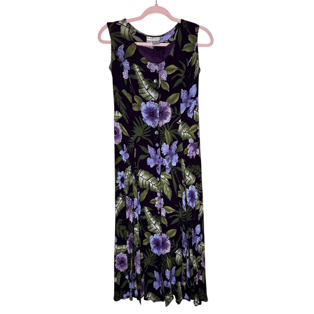 Dressbarn Vintage 90's Floral Maxi Dress Purple Tropical Rayon Button Front